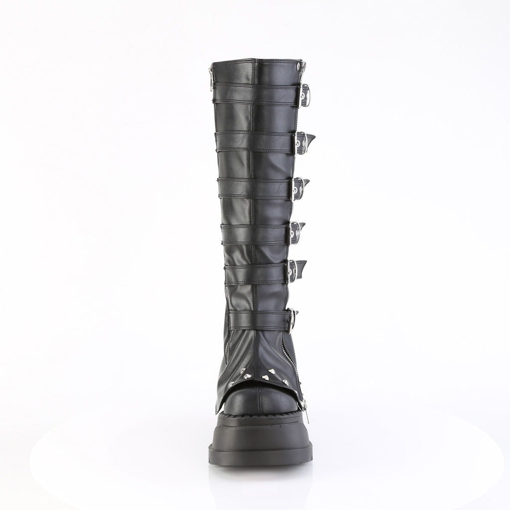 Stomp 223 Black 4.75" Platform Wedge Skirted Knee Boots - Demonia Direct - Totally Wicked Footwear