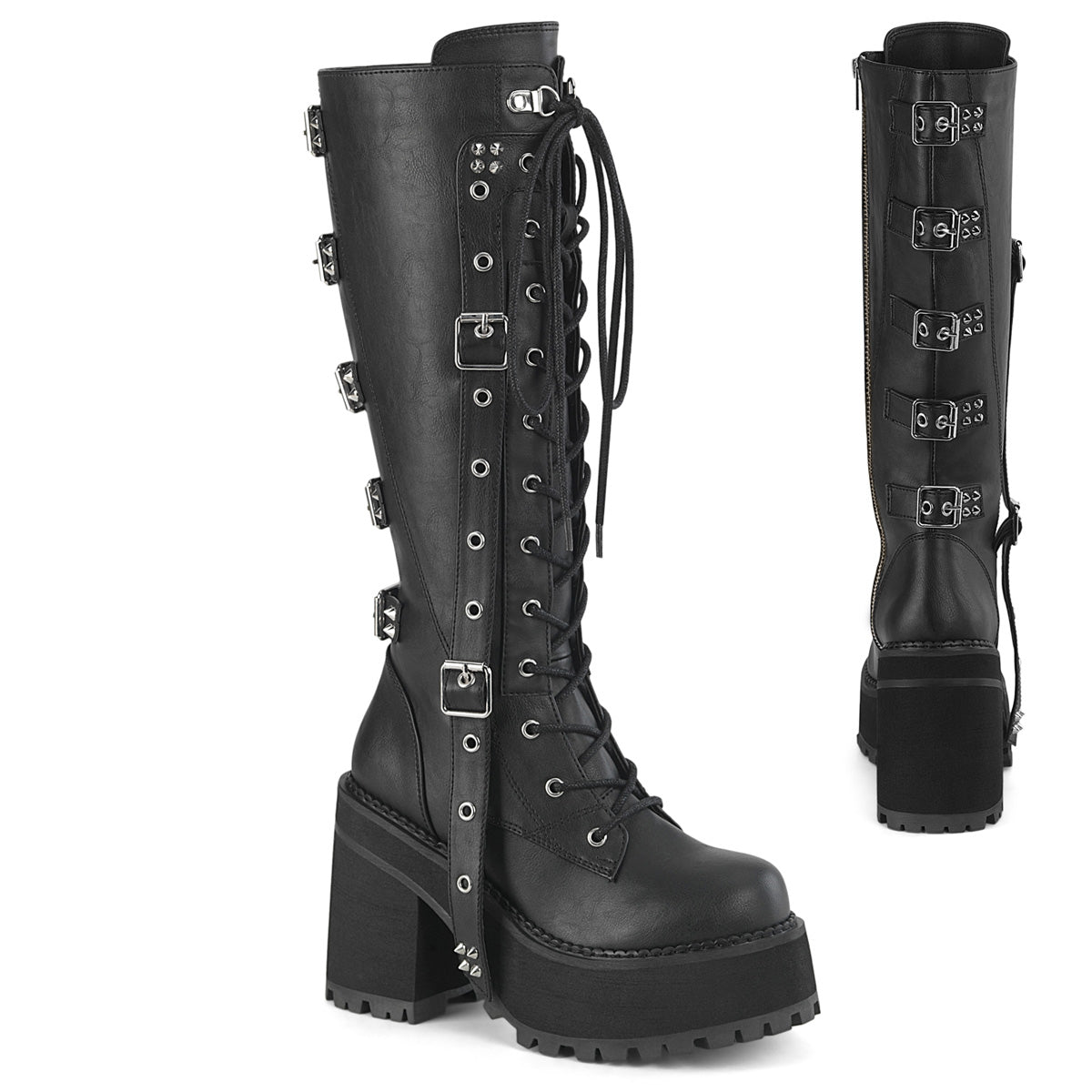 Assault 218 Goth Platform Knee Boots Straight-Jacket Style Hanging Strap