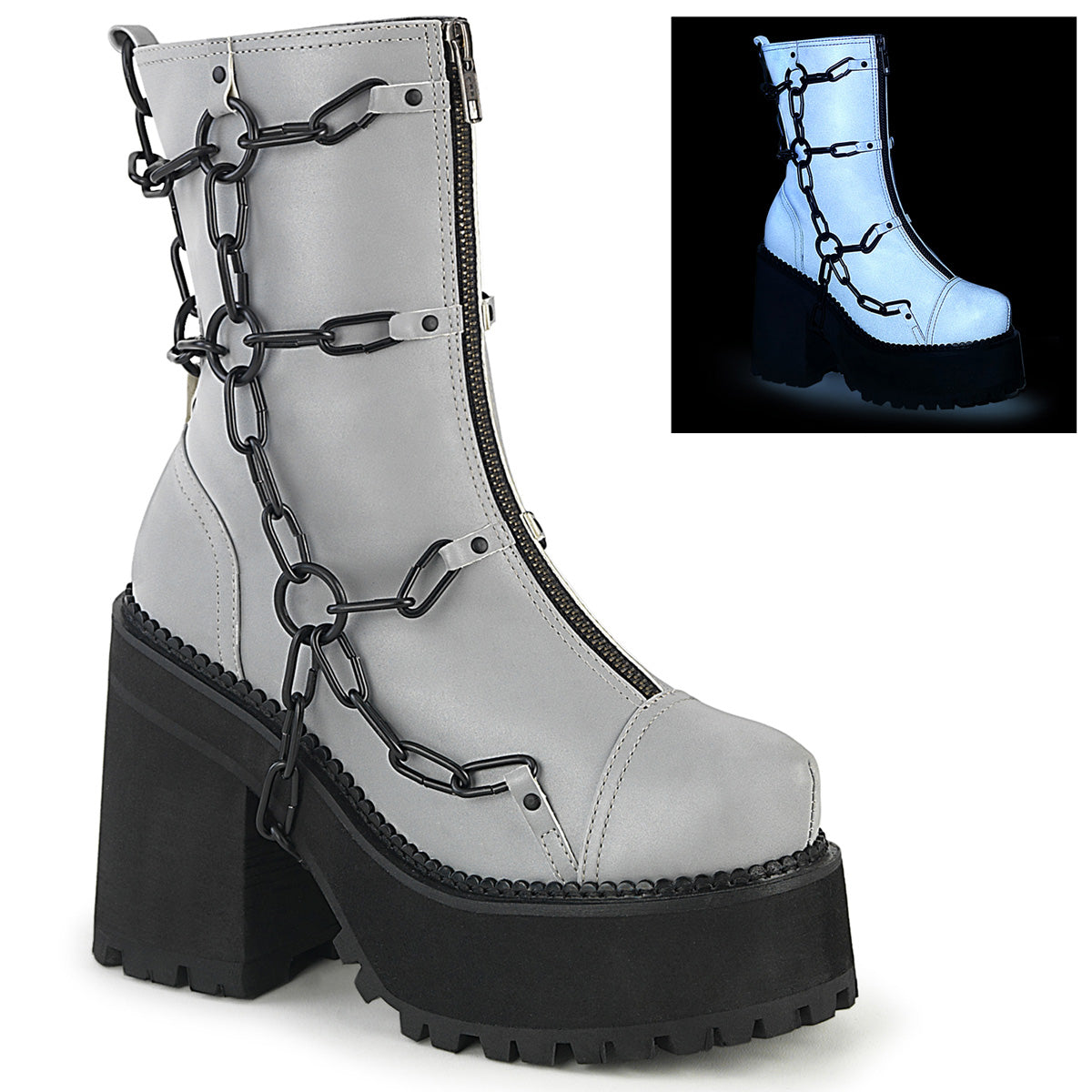 Assault 66 Goth Platform Mid Calf Chain Cage Grey Reflective