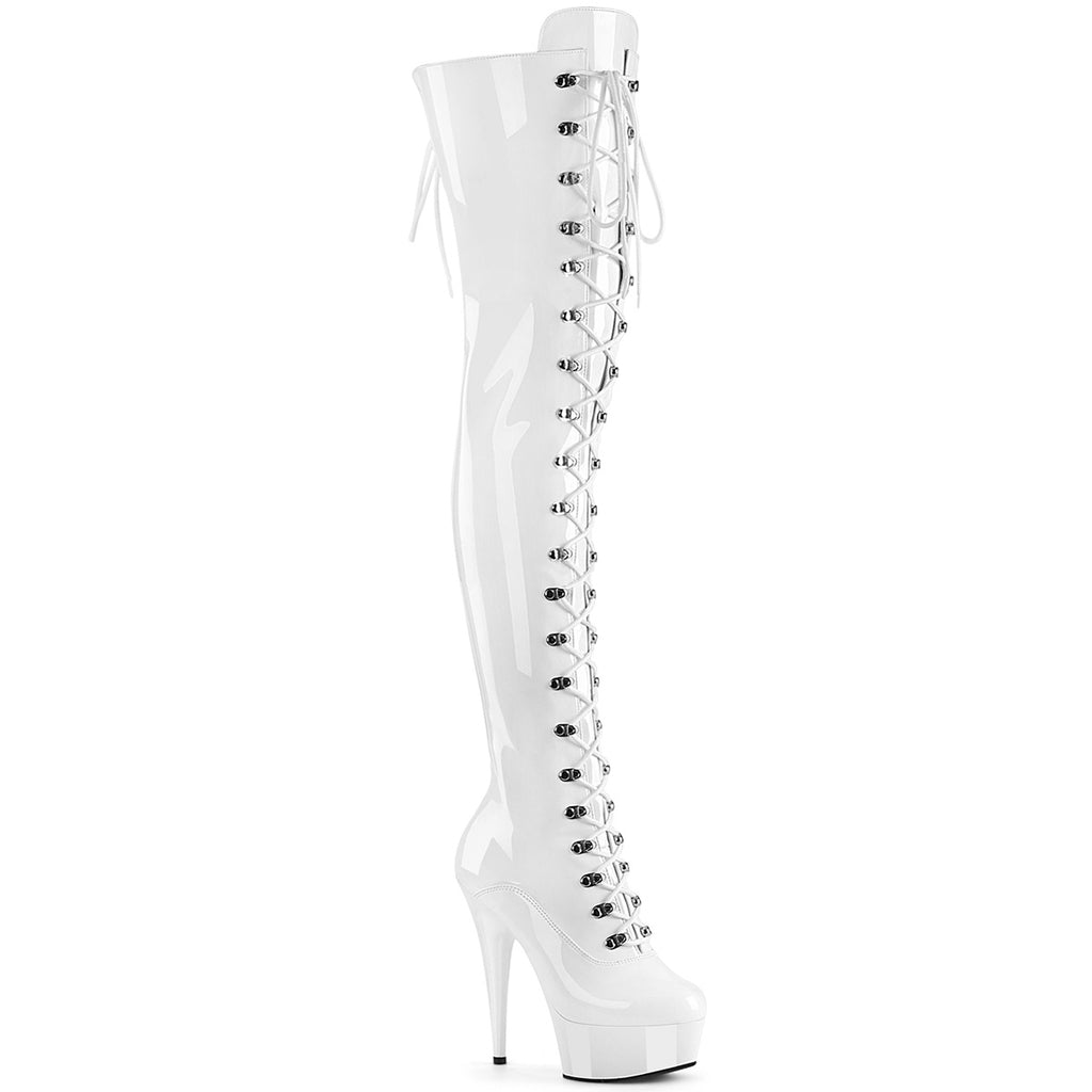 Delight 3022 White Stretch Patent Platform OTK Boots - 6" High Heels -Direct - Totally Wicked Footwear