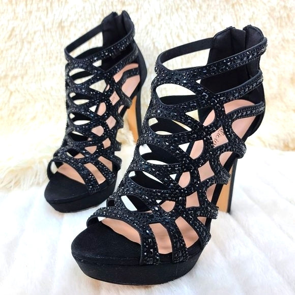 SELENE 4.5" High Heel Platform Shoe Cutout Cage Rhinestones Shimmery Black - Totally Wicked Footwear