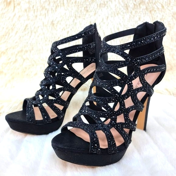 SELENE 4.5" High Heel Platform Shoe Cutout Cage Rhinestones Shimmery Black - Totally Wicked Footwear