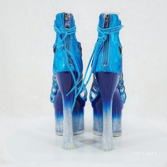 Bulls Blue Strappy Gradient Ombre Glitter Tint Platform & Chunky Heels