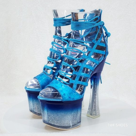 Bulls Blue Strappy Gradient Ombre Glitter Tint Platform & Chunky Heels