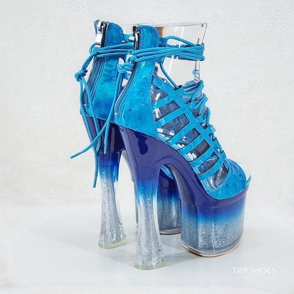Bulls Blue Strappy Gradient Ombre Glitter Tint Platform & Chunky Heels