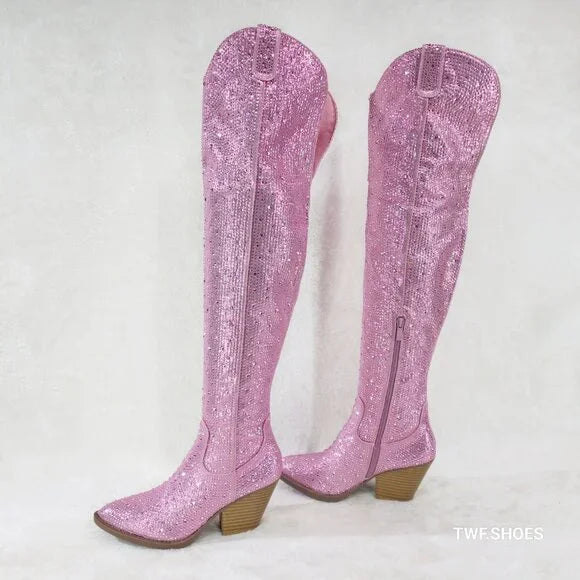 Country Glam Pink Rhinestone Disco Western Cowgirl Over The Knee Boots - Totally Wicked Footwear