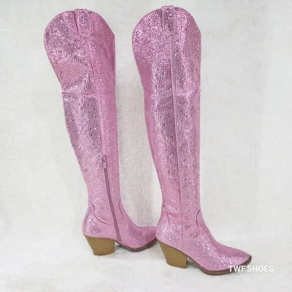 Country Glam Pink Rhinestone Disco Western Cowgirl Over The Knee Boots - Totally Wicked Footwear