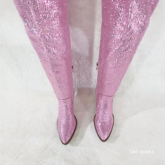Country Glam Pink Rhinestone Disco Western Cowgirl Over The Knee Boots - Totally Wicked Footwear