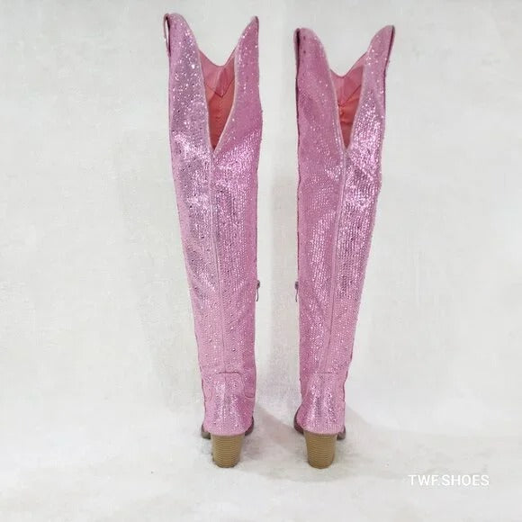 Country Glam Pink Rhinestone Disco Western Cowgirl Over The Knee Boots - Totally Wicked Footwear