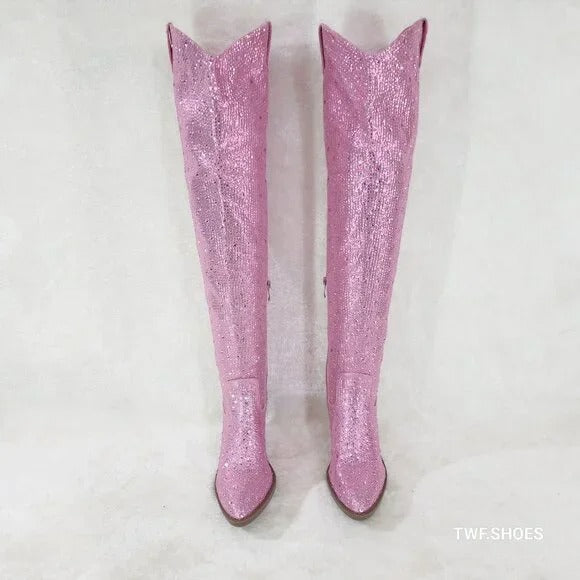 Country Glam Pink Rhinestone Disco Western Cowgirl Over The Knee Boots - Totally Wicked Footwear