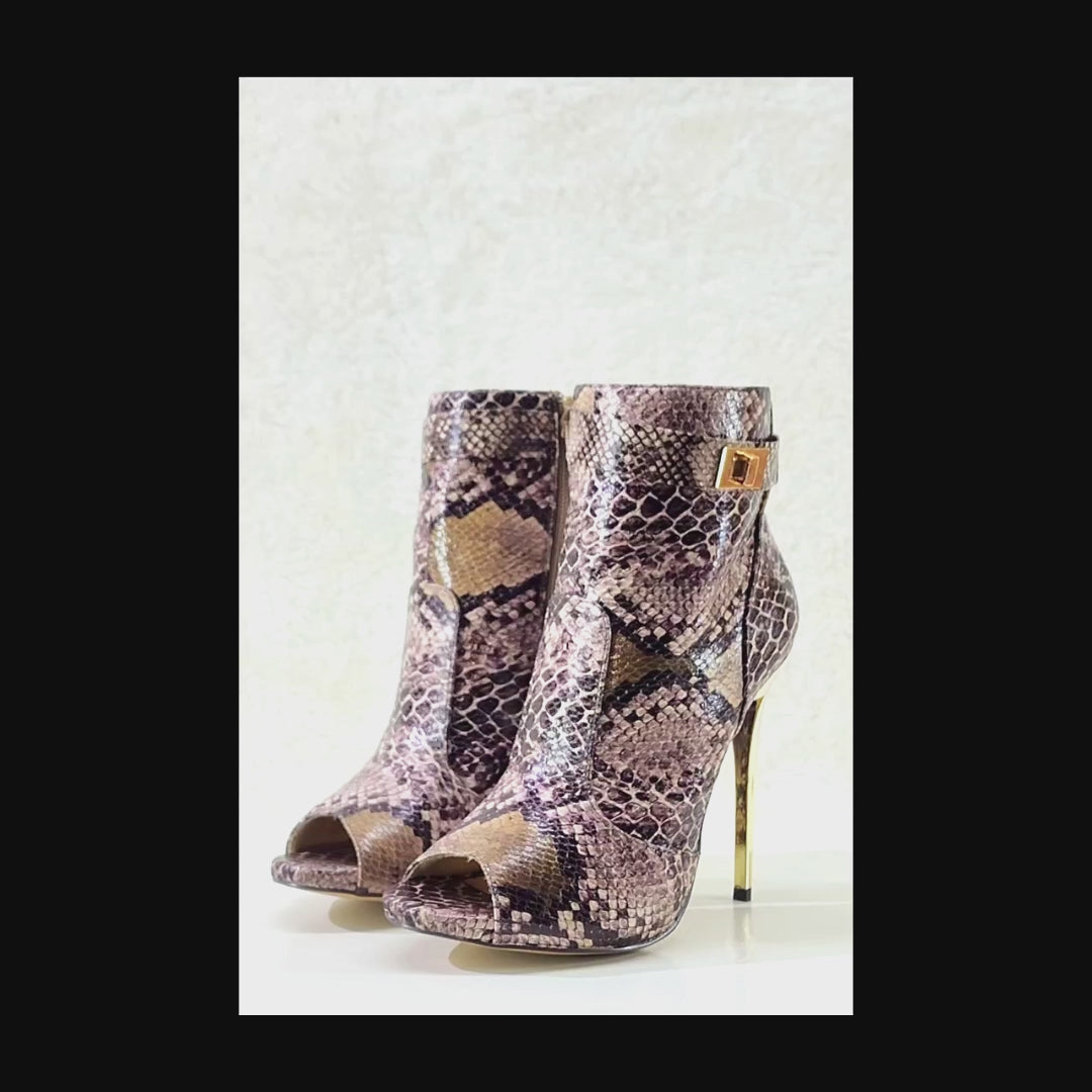 Adamarys Brown Snake Print Open Toe Ankle Boots Gold Slim Stiletto High Heels