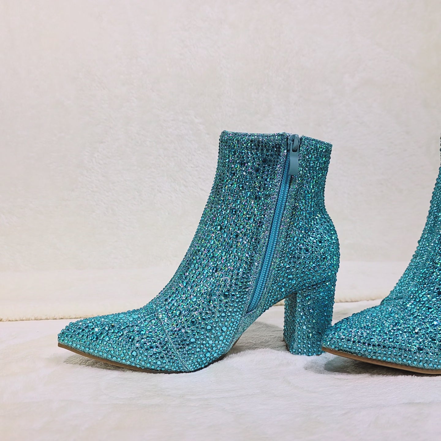 Crystel Ice Blue Rhinestone 3" Block Heel Ankle Boots Booties