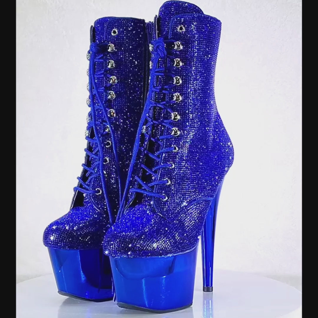 Adore 1020CHRS Blue Bejeweled Rhinestone 7" High Heel Chrome Platform Ankle Boots NY