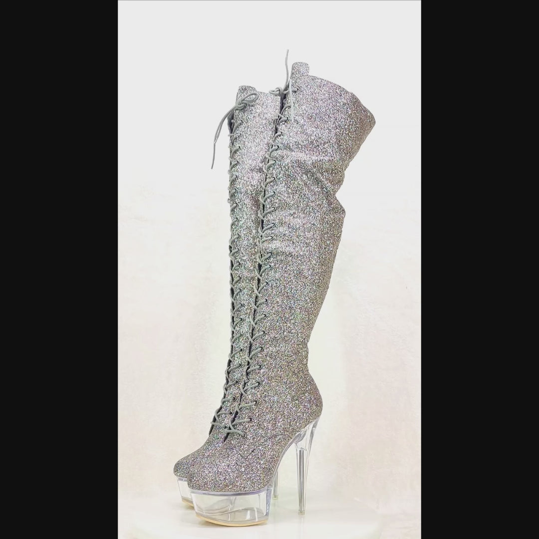Bulls Silver Glitter Over the Knee Clear Platform High Heel Thigh Boot
