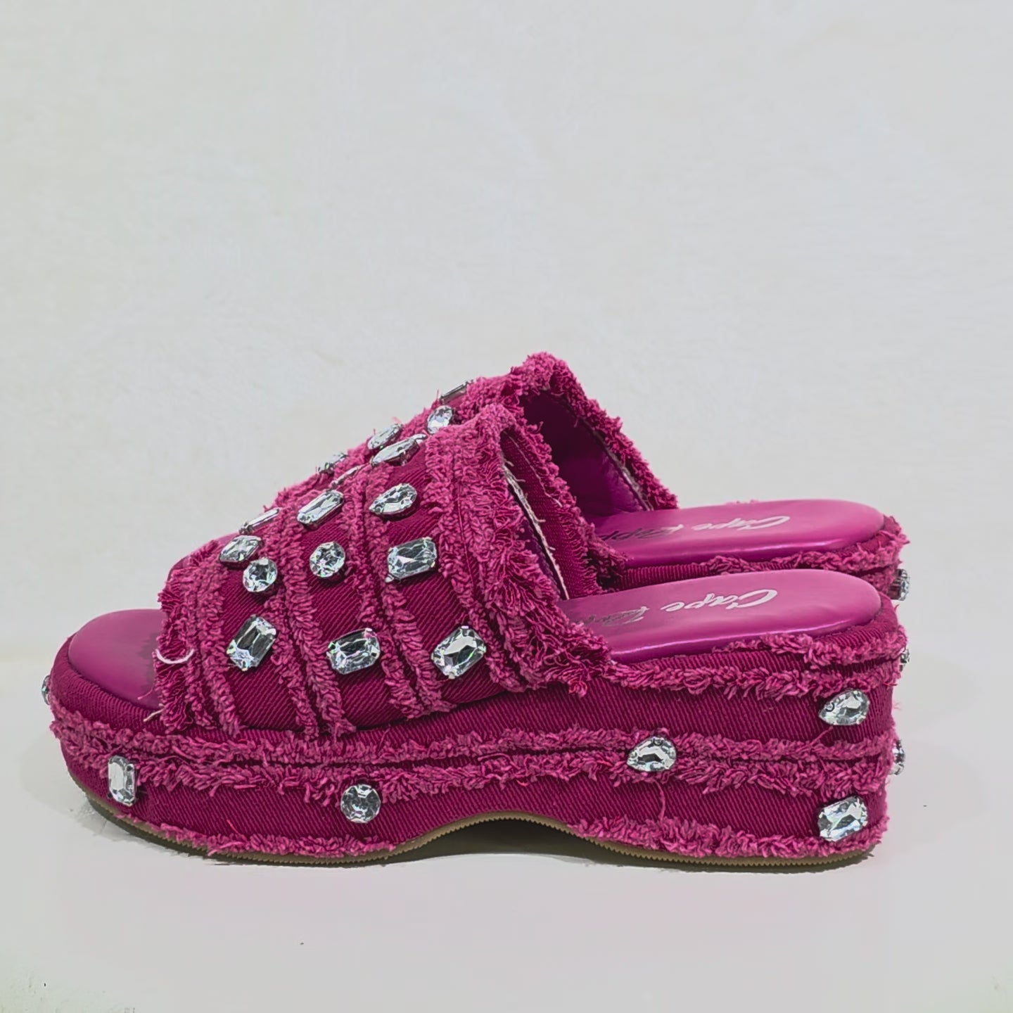 Hipster Denim Distressed Frayed Trim Rhinestone 2" Flatform Sandals