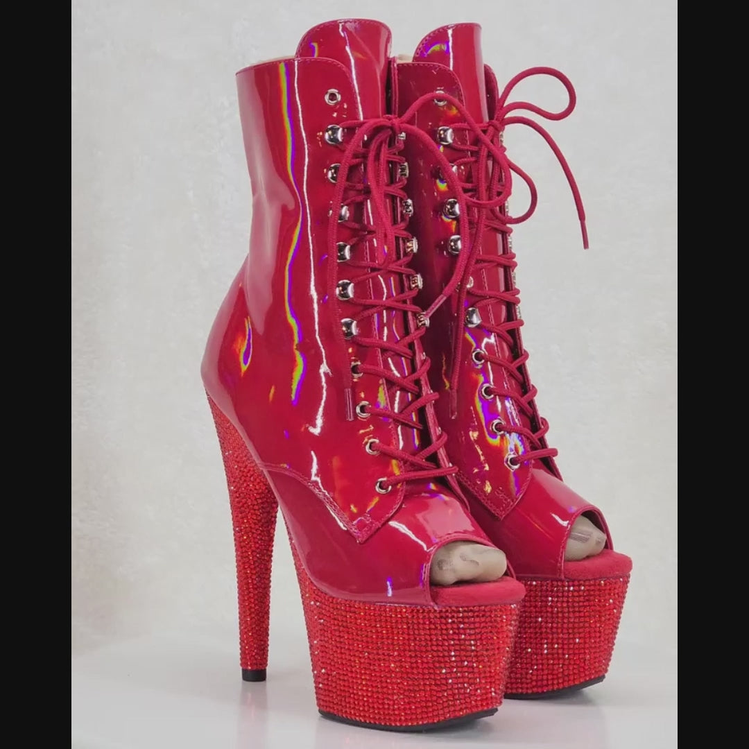 Bejeweled Red Rhinestone Platform Lace Up Ankle Boots 7" High Heels IN HOUSE