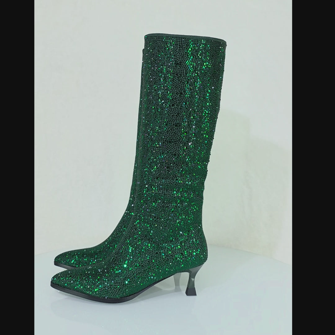Kitty Sparkling Emerald Green Rhinestone Knee Boots Kitten Heels