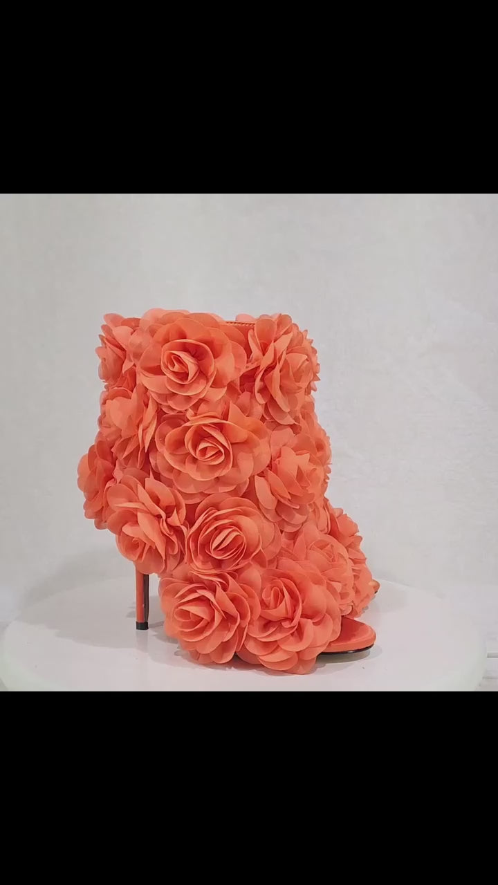 Beauty 3D Flowers Floral 4" High Heel Elegant Evening Party Ankle Boots Orange
