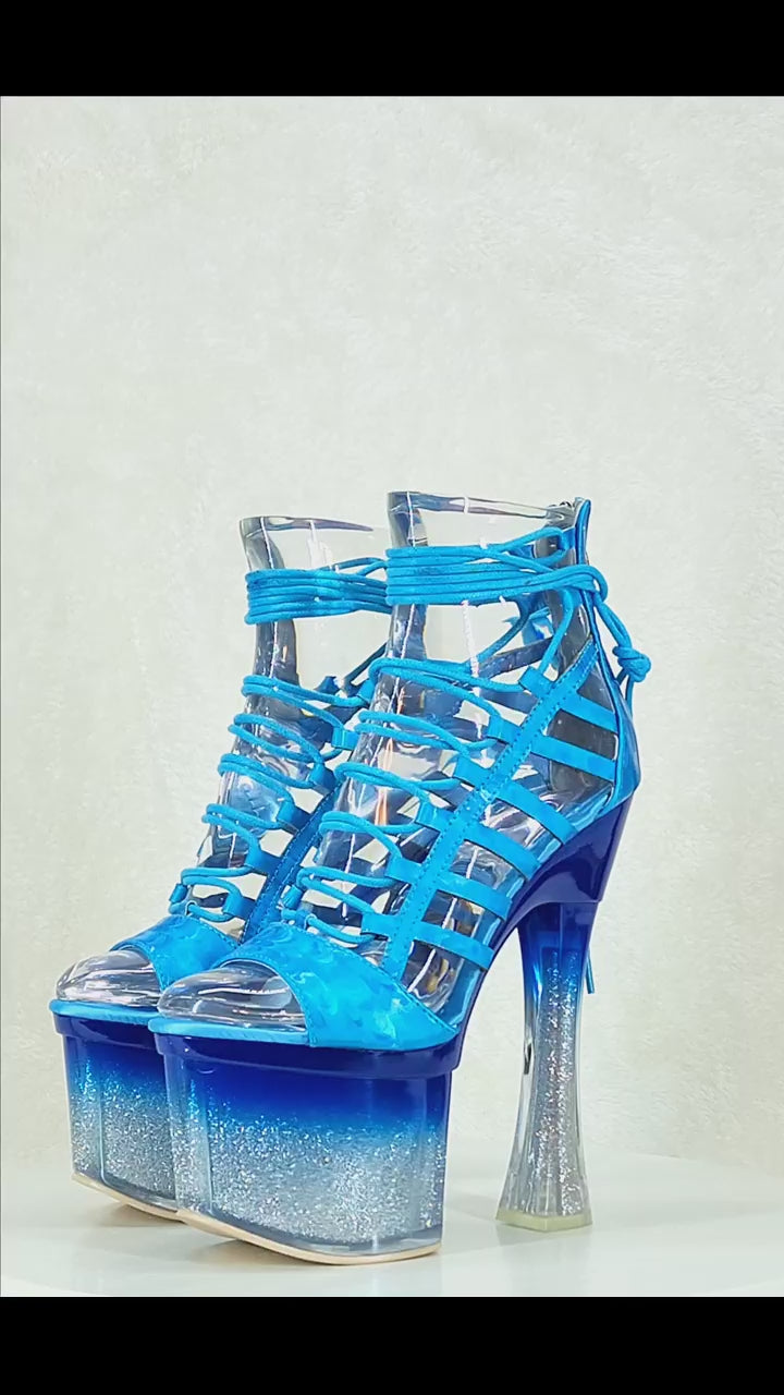 Bulls Blue Strappy Gradient Ombre Glitter Tint Platform & Chunky Heels