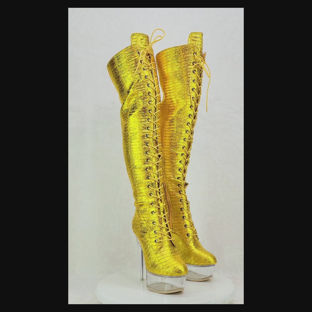Bulls Metallic Yellow Gold OTK Clear Platform High Heel Thigh Boots