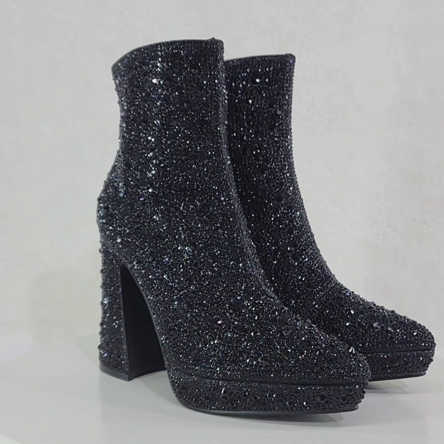 Crystals Black Rhinestone 4.5"  Block Heel Mini Platform Ankle Boots
