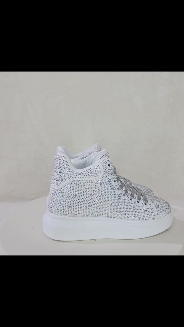 Cush Street Glam White Rhinestone Platform Hi-Top Sneakers Tennis Shoes
