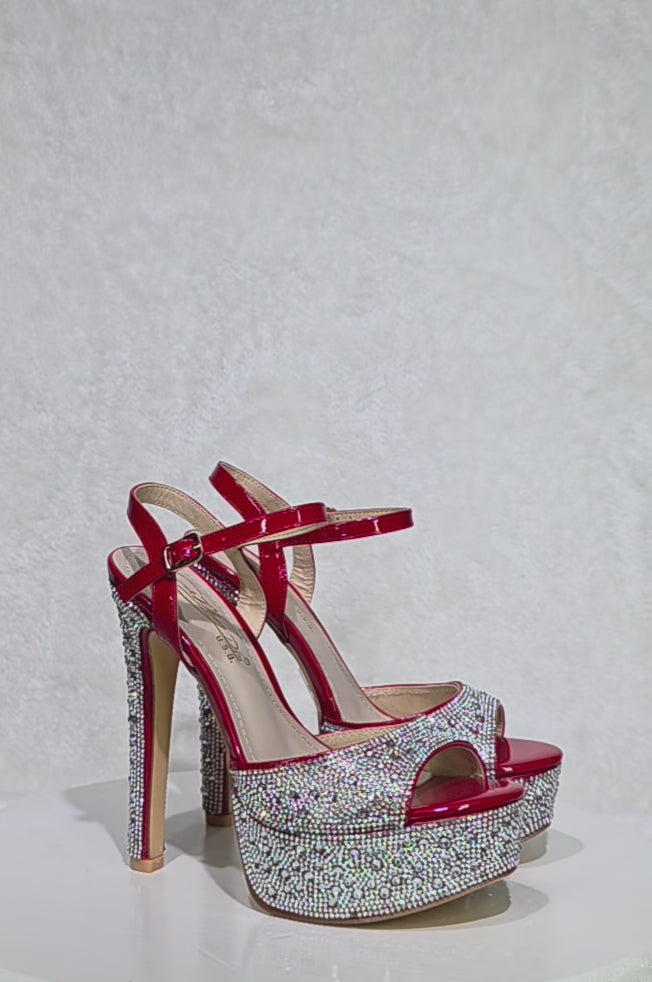 Rihbah Rhinestone Platform 5" Heels Evening Party Shoes Red Patent