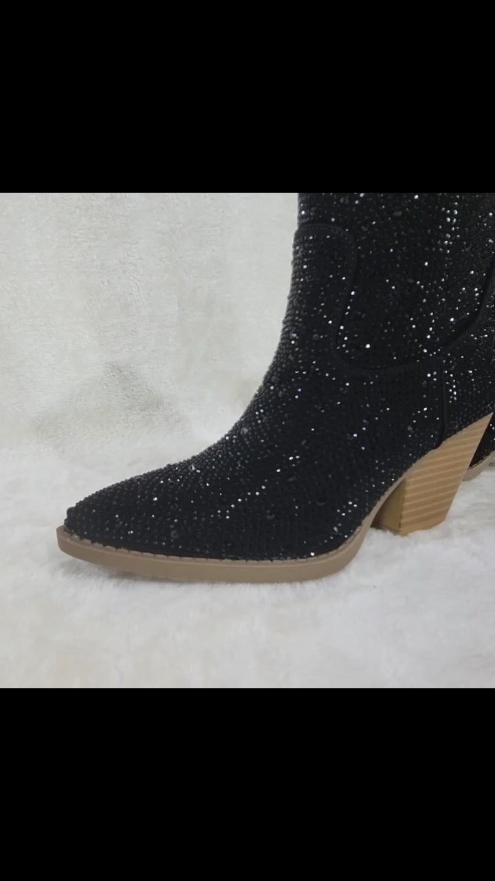 Dolly Charcoal Black Rhinestone Glitter Cowgirl Country Glam Western Ankle Boots