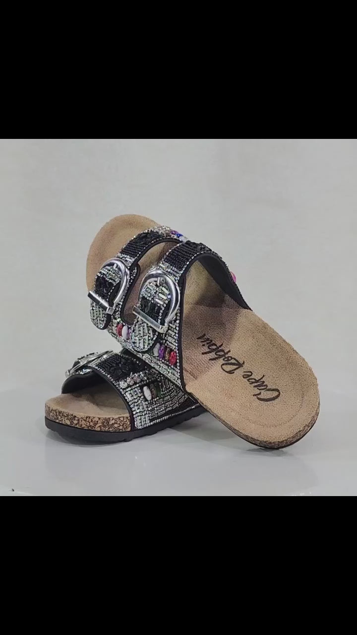 Zany Double Buckle Strap Rhinestone Beaded Slip on Mule Sandals