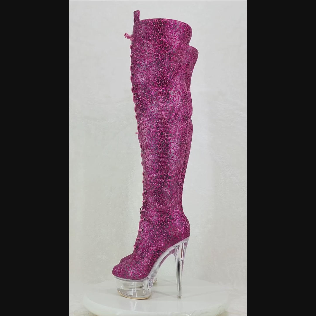 Bulls Purple Glitter Leopard Print OTK Clear Platform High Heel Thigh Boots