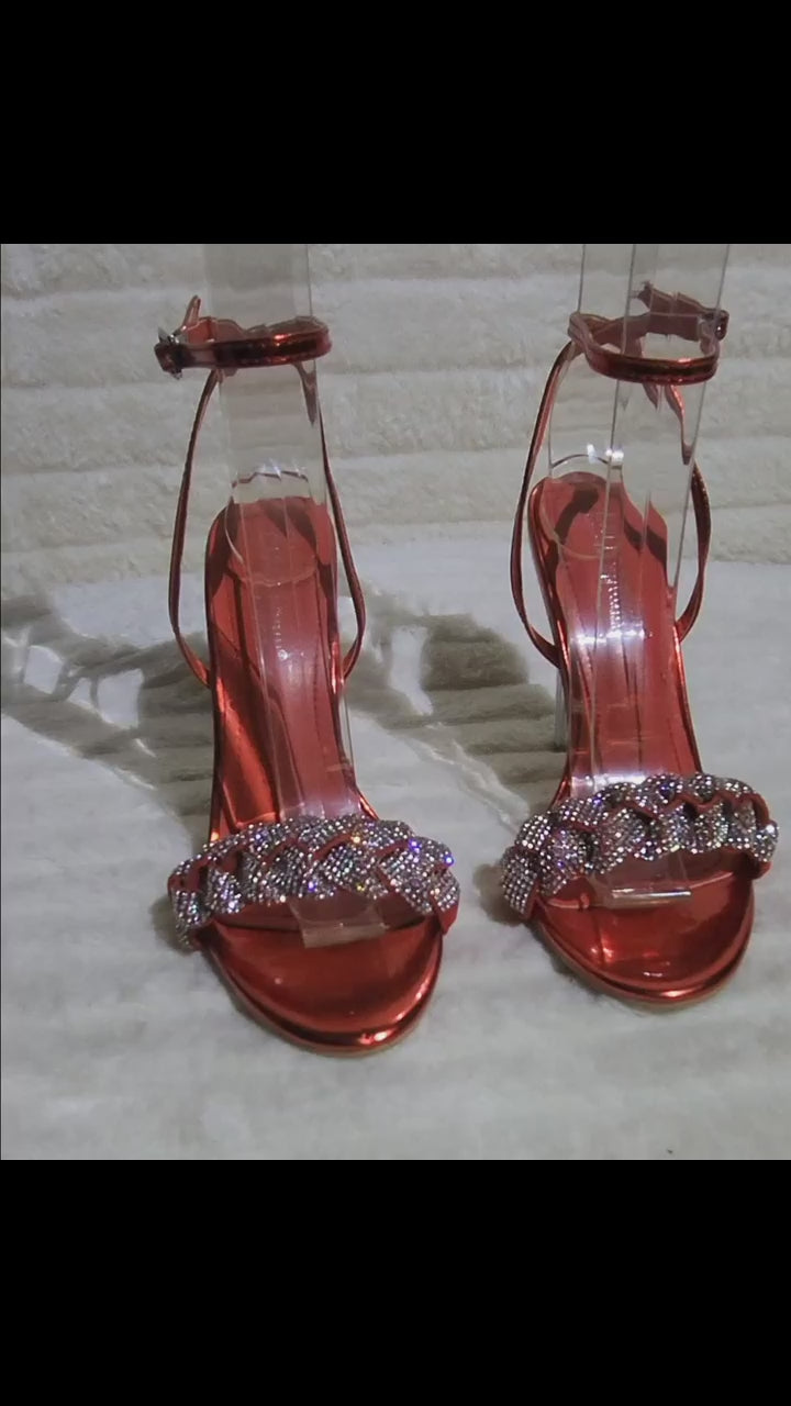 Eva Red Metallic Braided Rhinestone Stiletto Heel Wrap Strap Sandals