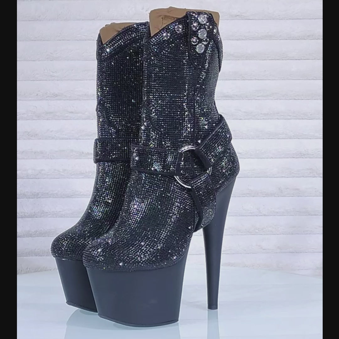 Adore 1029 Bejeweled Black Rhinestone 7" Heel Platform Cowgirl Ankle Boots