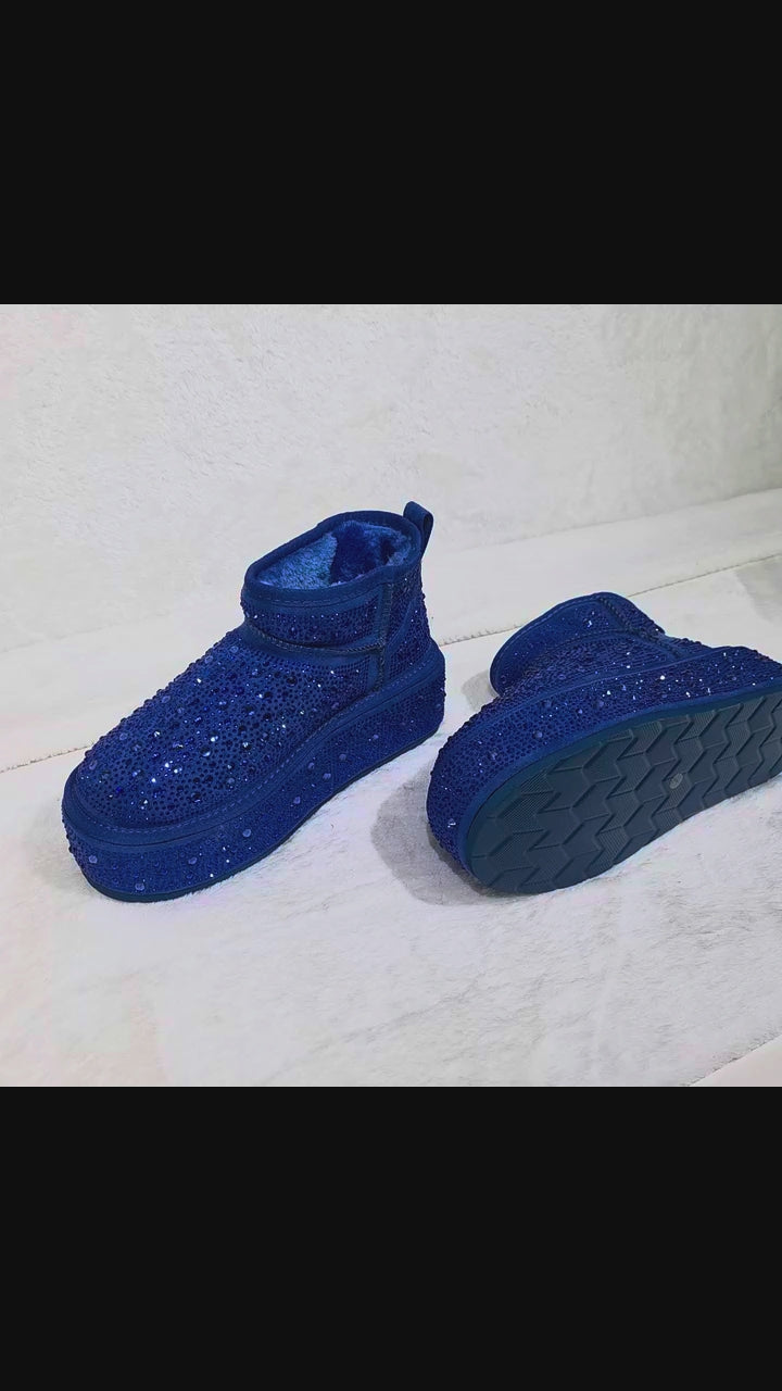 Ego Flashy fx Fur Lined Winter Platform Ankle Boots Bright Blue Rhinestones
