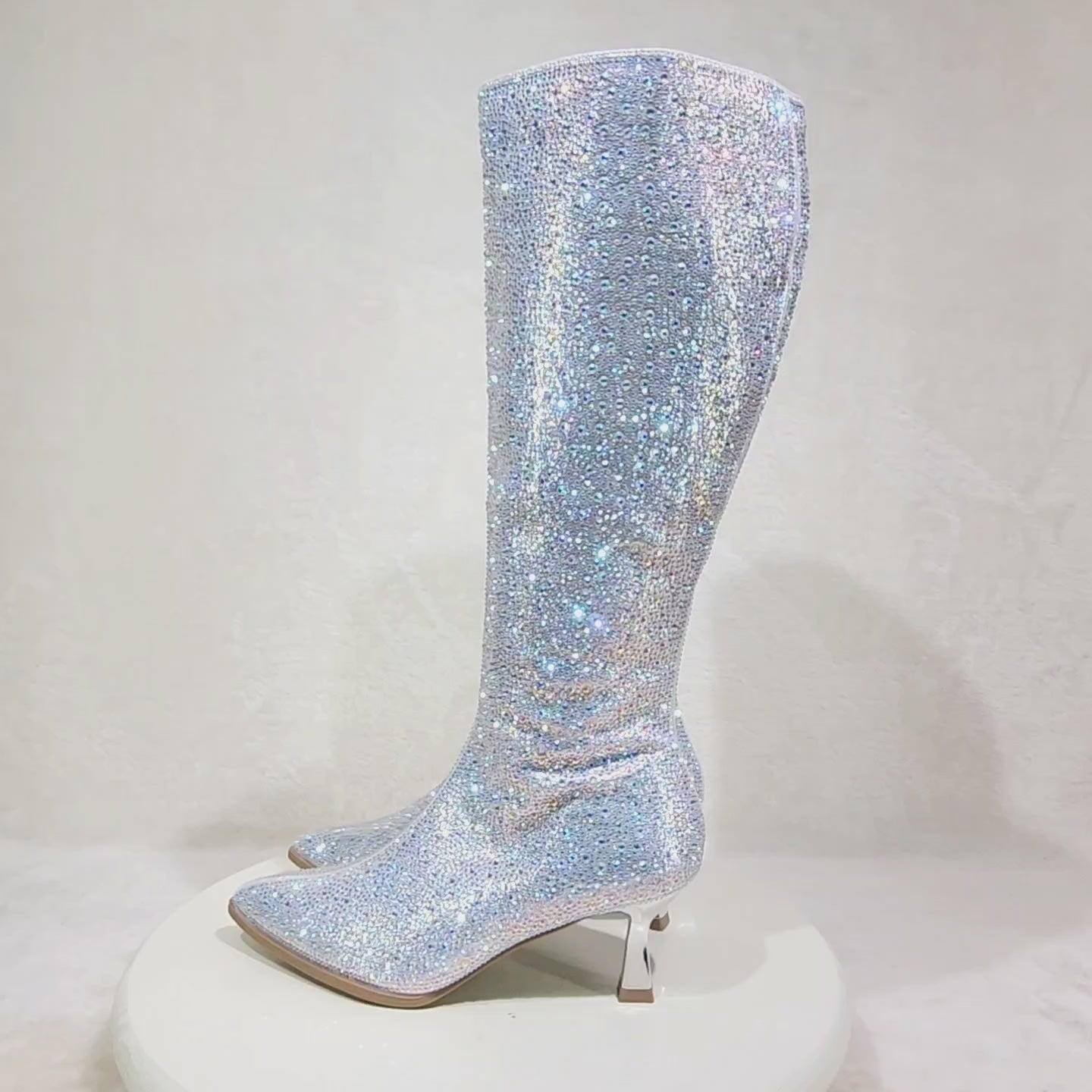 Kitty Sparkly SilverRhinestone Knee Boots 2.5" Kitten Heels Wide Calf Friendly