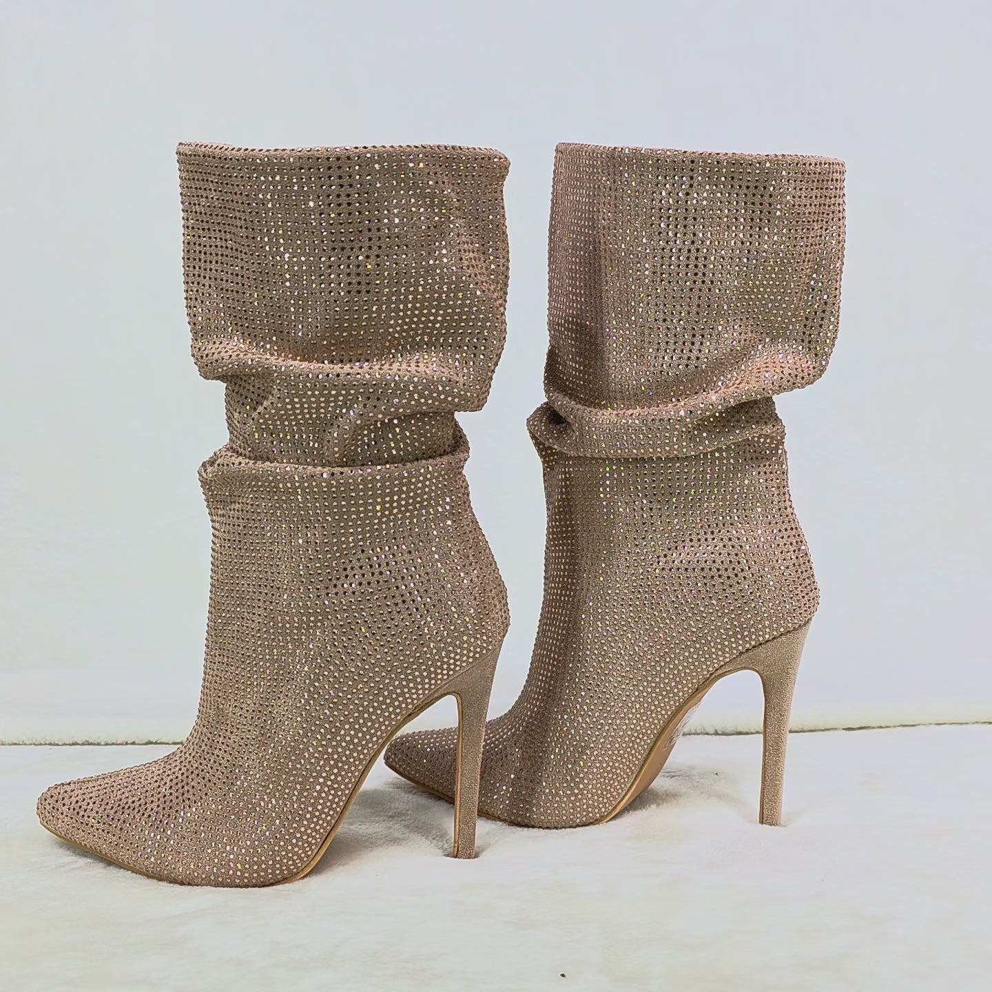 Resolve Sparkling Champagne Rose Gold Rhinestone High Heel Slouch Calf Boots