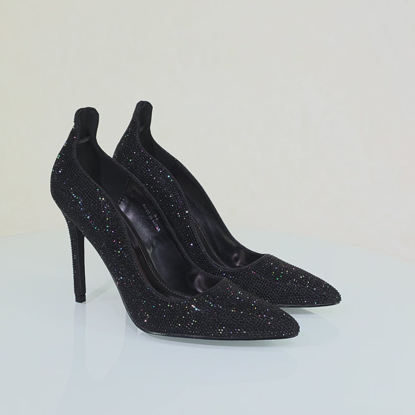 High Rise Black Rhinestone High Heel Shoes Pointy Toe Pumps Evening Party