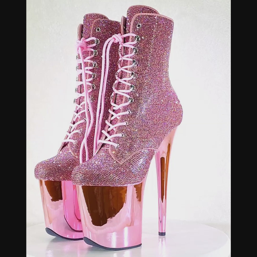 Flamingo 1020CHRS Pink Bejeweled Rhinestone 8" Heel Chrome Platform Ankle Boots NY
