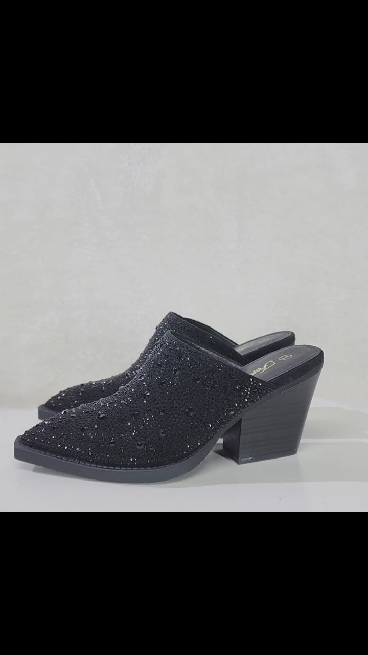 Vibes Western Cowgirl Slip On Shoes Mules / Clogs Black Rhinestones
