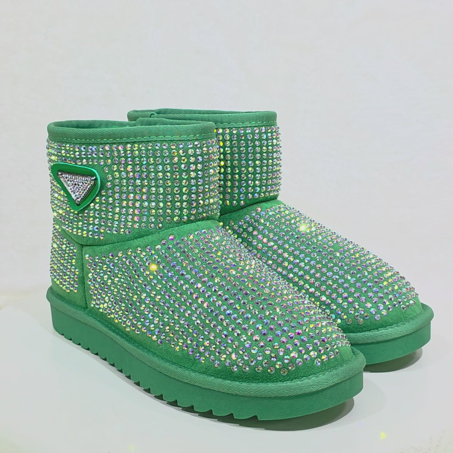 Twinkle Faux Fur Lined Slip On Winter Ankle Boots Green Iridescent Rhinestones