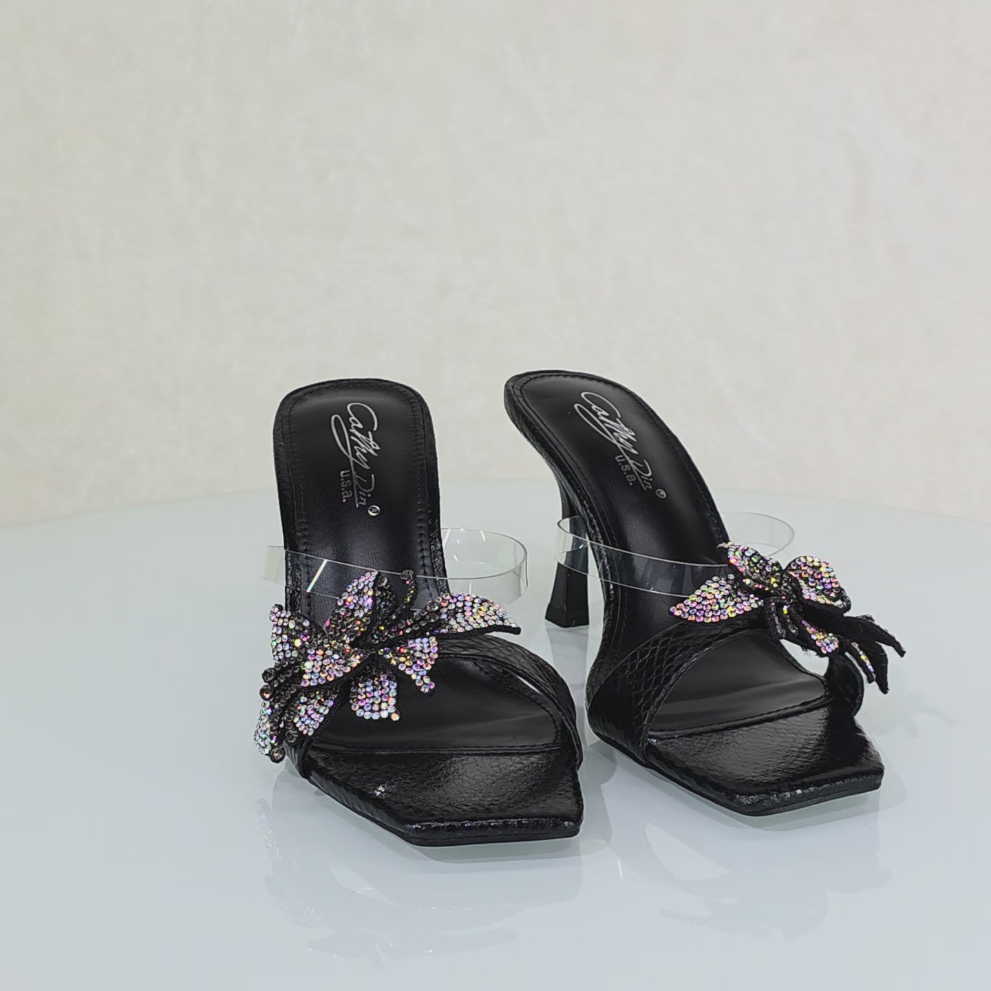 Lily Rhinestone Flower Black Slip On 3.25" Heel Casual Evening Party Shoes