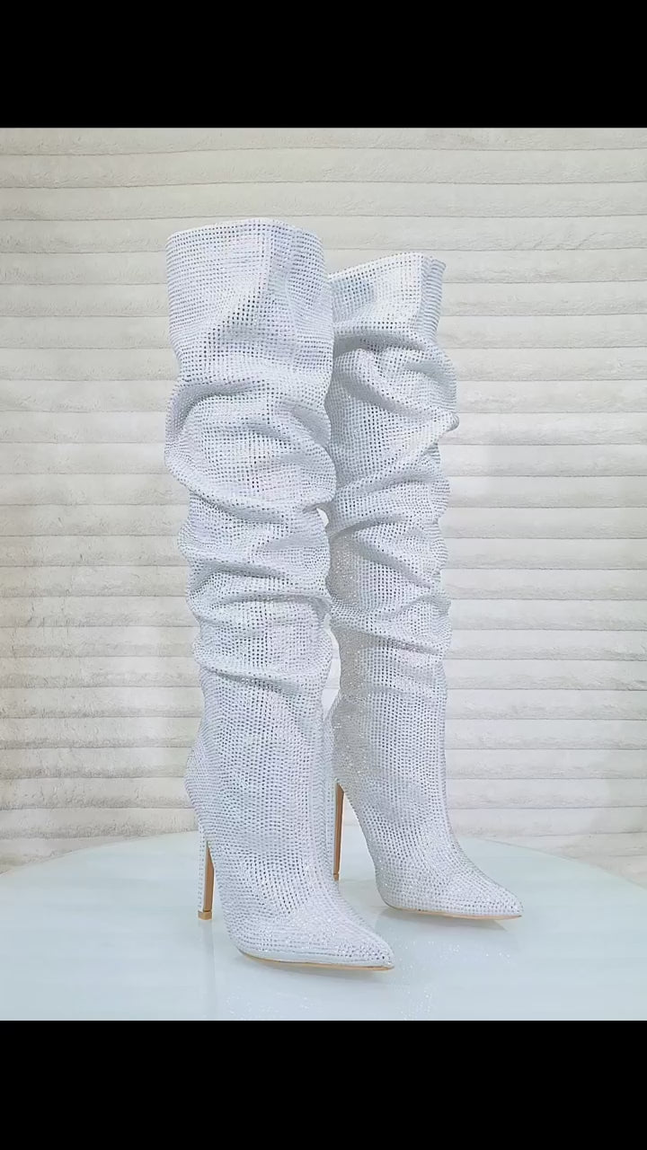 Radiant White Rhinestone High Heel Stiletto Slouch Knee High Boots
