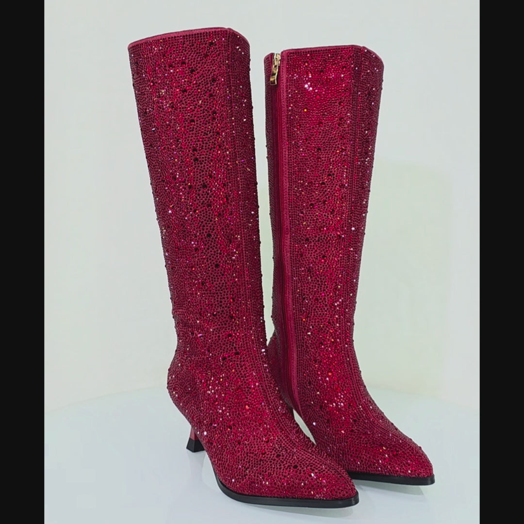Kitty Sparkling Ruby Red Rhinestone Knee Boots 2.5" Heels Wide Friendly