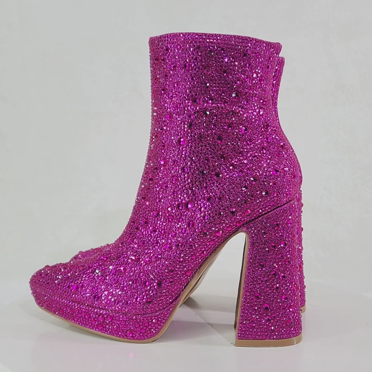 Crystals Fuchsia Pink Rhinestone 4.5"  Block Heel Mini Platform Ankle Boots