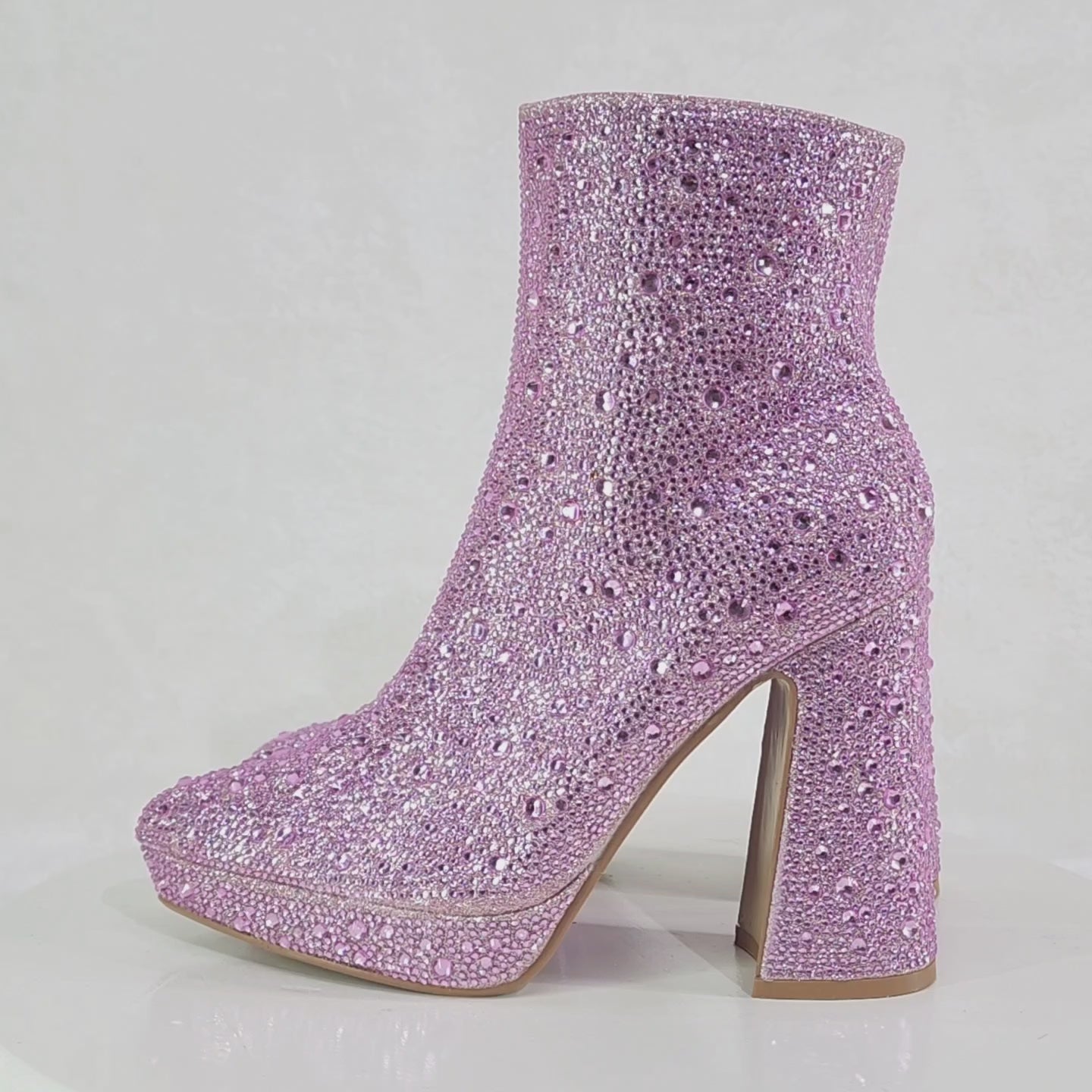 Crystals Baby Pink Rhinestone 4" Spool Block Heel Mini Platform Ankle Boots