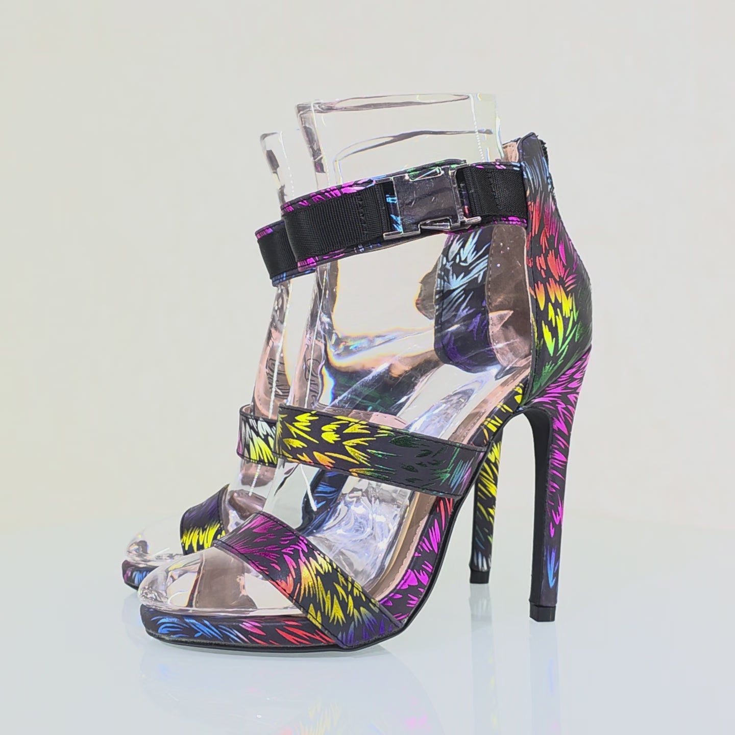 Festive Colorful Metallic Reflective Triple Strap Mini Platform High Heel Shoes