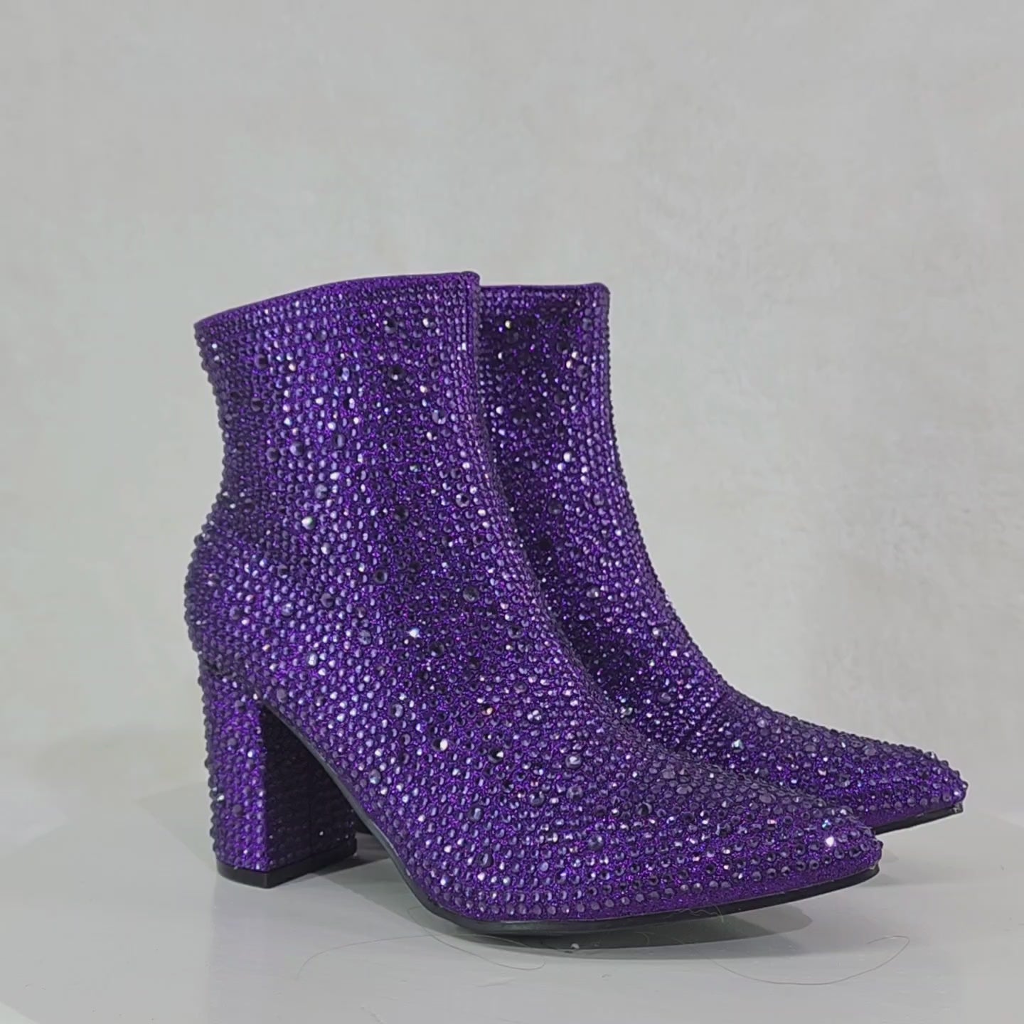 Crystel Purple Rhinestone 3" Block Heel Ankle Boots Booties