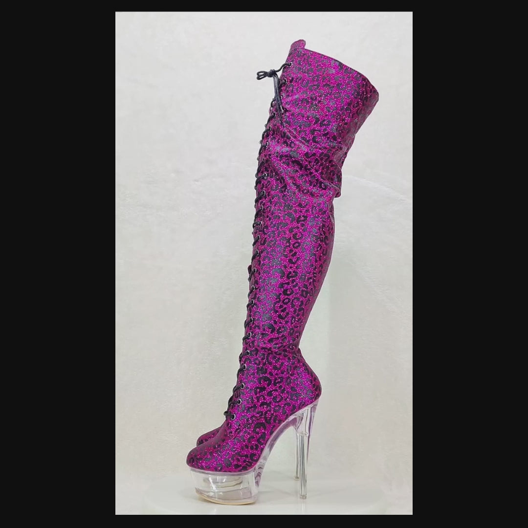 Bulls Hot Pink Leopard Glitter Over the Knee Clear Platform High Heel Thigh Boot