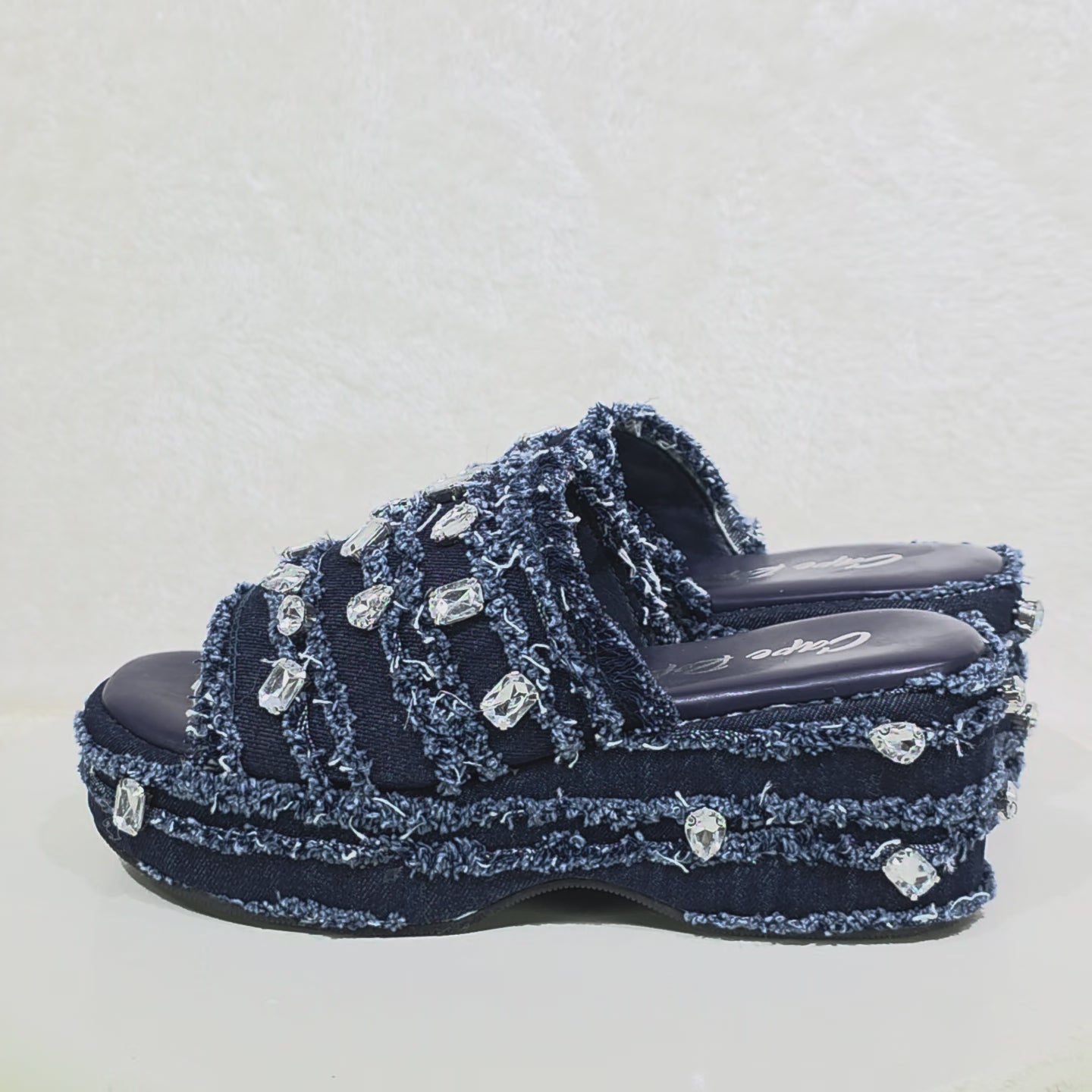 Hipster Denim Distressed Frayed Trim Rhinestone 2" Flatform Sandals