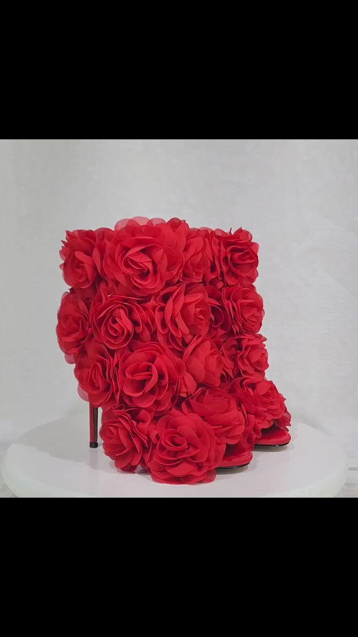 Beauty 3D Flowers Floral 4" High Heel Elegant Evening Party Ankle Boots Red
