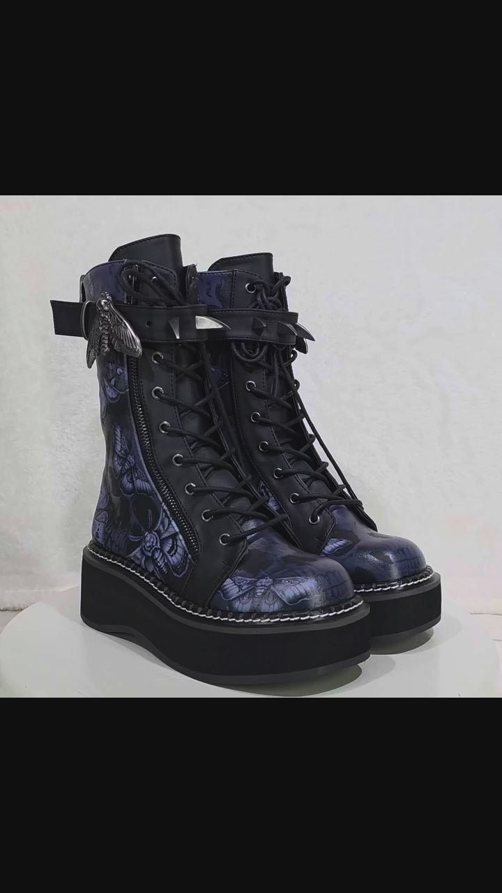 DEMONIA Emily Death Moth Skull Graphic Print Platform Goth Punk Mid Calf Boots